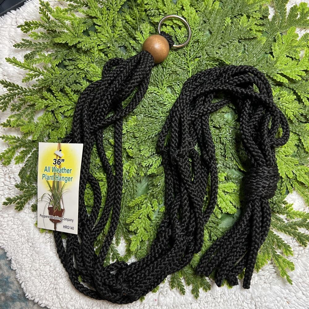 Macrame All Weather Plant Pot Hanger Holder 36” in Black Wood Bead 20lbs or Less